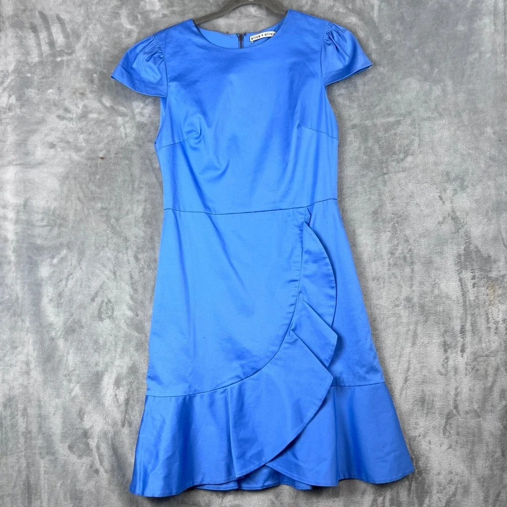 Alice + Olivia Dress 8 Blue Ruffle Wrap Skirt Fit and Flare Puff Sleeve Mini